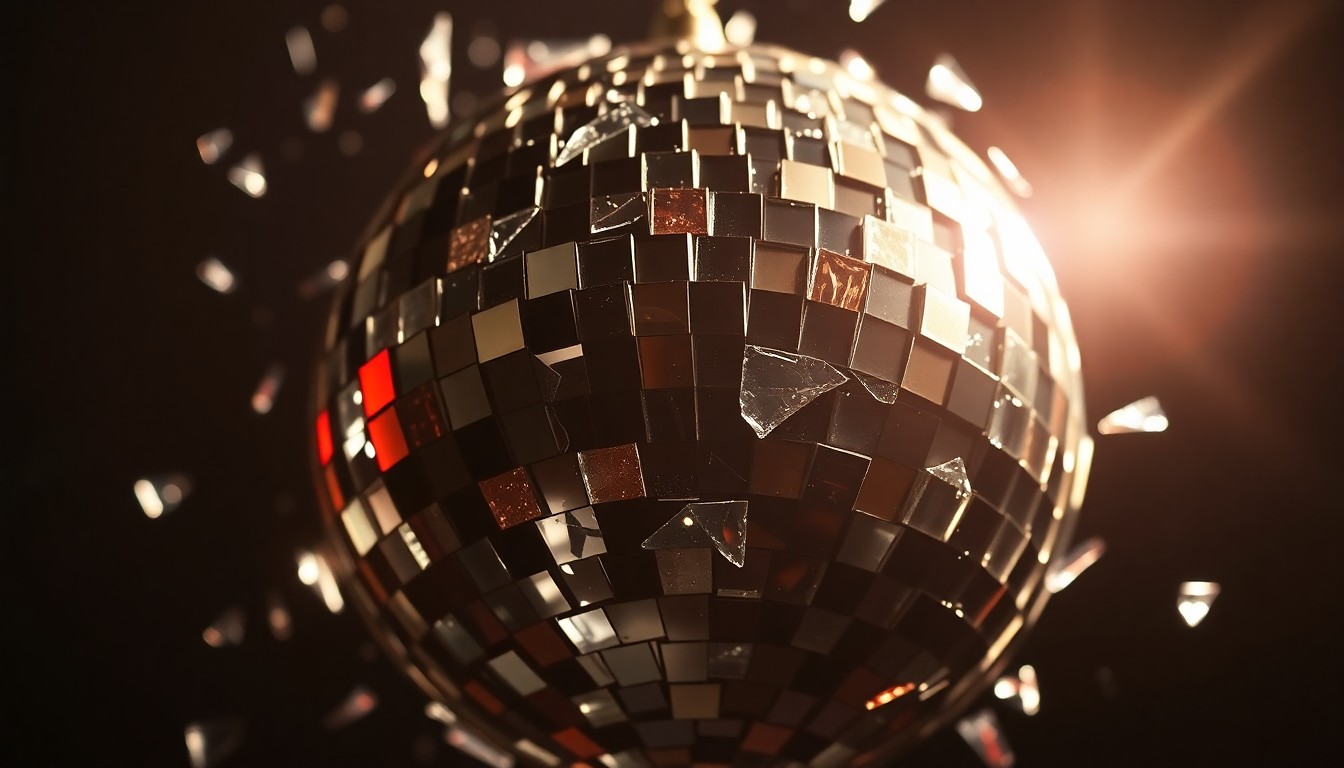 An abstract close-up image of shattered glass reflecting dramatic studio lighting, conveying a sense of fragmentation and dashed hopes related to the Spice Girls reunion.