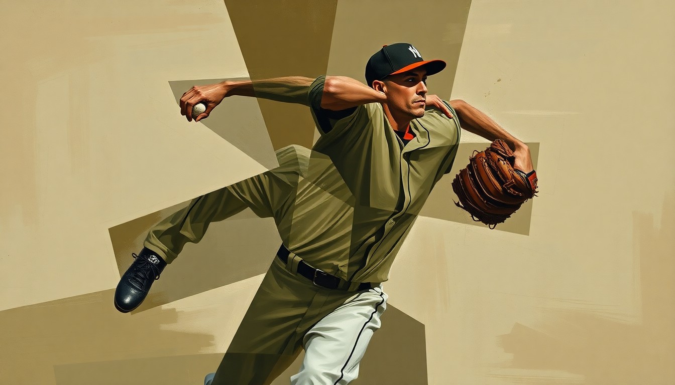 A fragmented, geometric painting depicting the motion of a baseball pitcher, with sharp, overlapping planes in muted earth tones conveying the challenges and pressures faced by young players in the Rule 5 draft process.