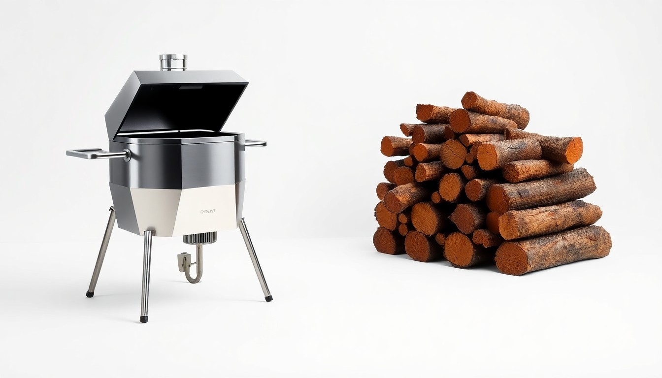 A high-end, photorealistic studio still-life photograph featuring a polished, geometric stainless steel smoker grill and a stack of charred hardwood logs on a clean, monochromatic seamless background, conceptually representing the essence of the Tropical BBQ Market brand.
