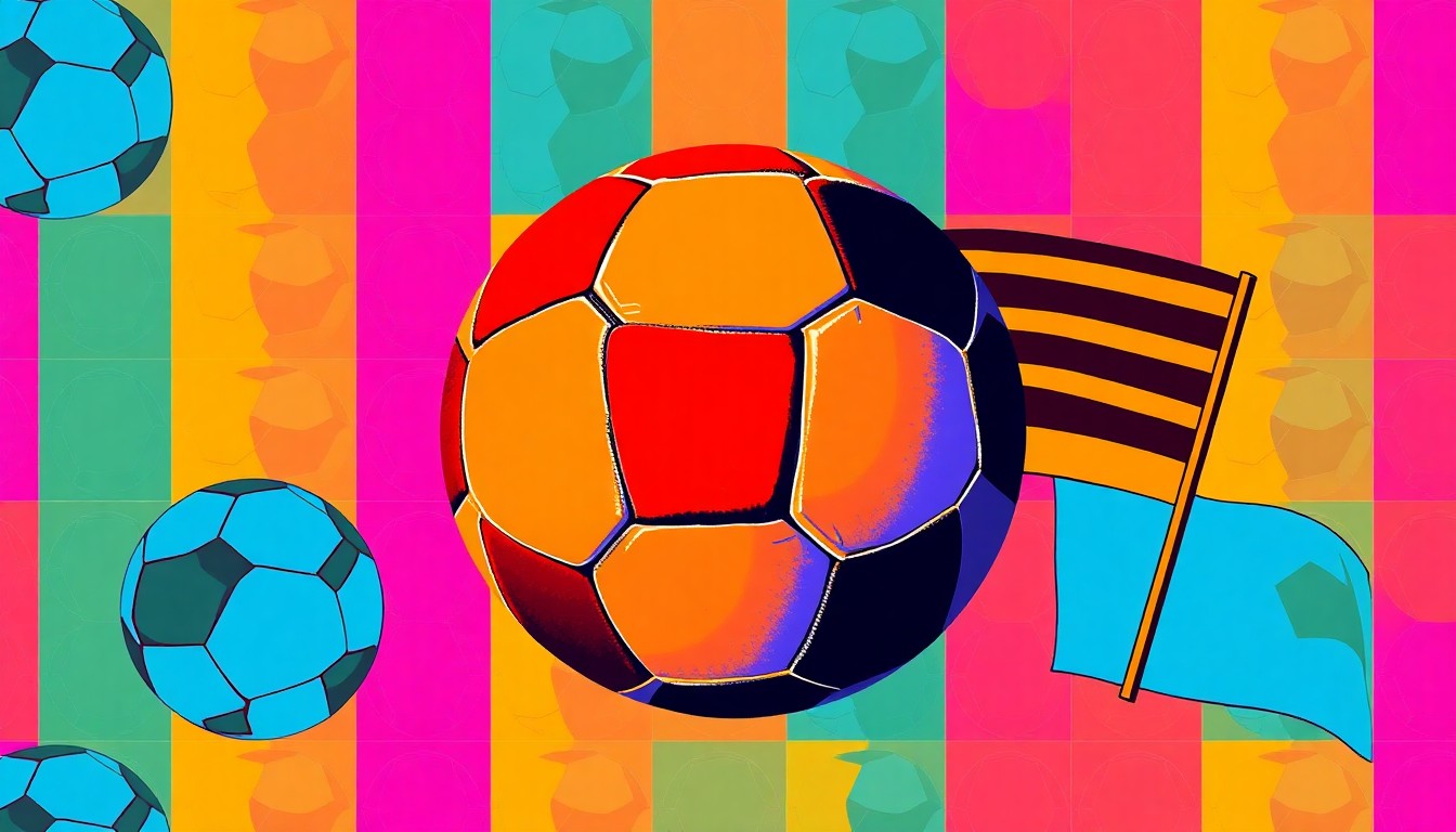 A bold, colorful silkscreen-style grid featuring a football, soccer ball, and color guard flag, conceptually representing the varied athletic and performance achievements of Slocomb High School students.