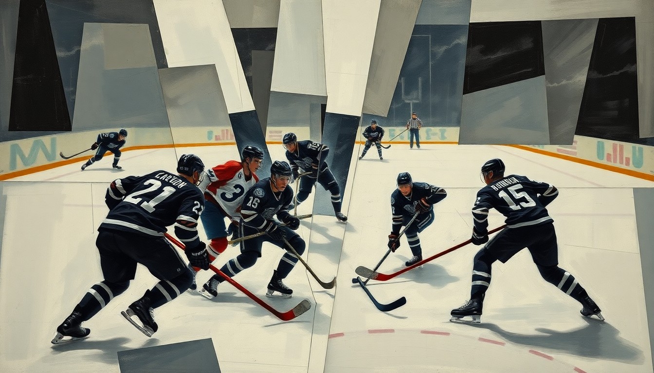 A cubist-style painting featuring fragmented, overlapping geometric shapes in muted tones, representing the tragic collision that claimed the lives of three junior hockey players.