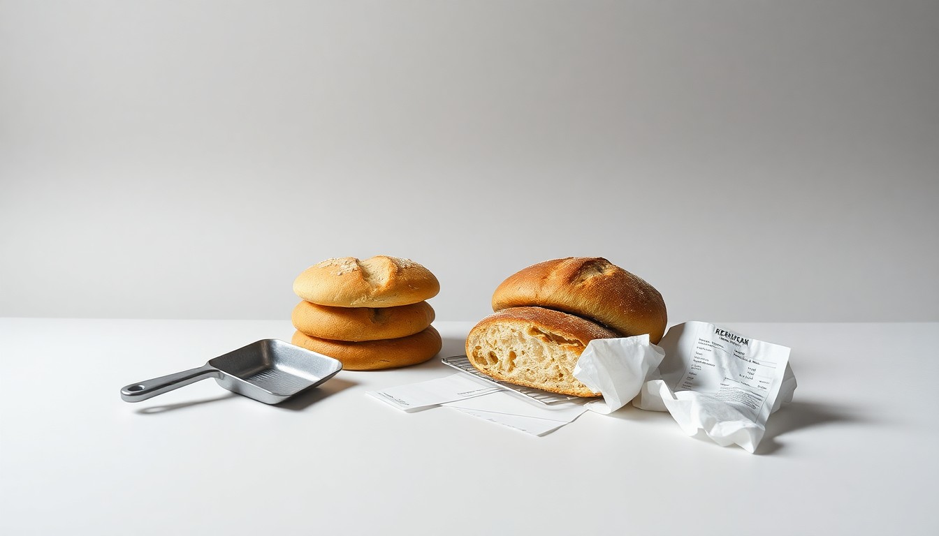 A photorealistic studio still life featuring a stack of freshly baked bread loaves, a small metal dustpan, and a crumpled receipt, conceptually representing the challenges facing a small bakery business.