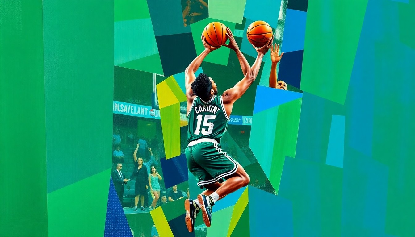 A fragmented, cubist-style painting depicting a Celtics player shooting a three-pointer, with the basketball and player's form broken down into overlapping geometric shapes and planes in shades of green, blue, and white.