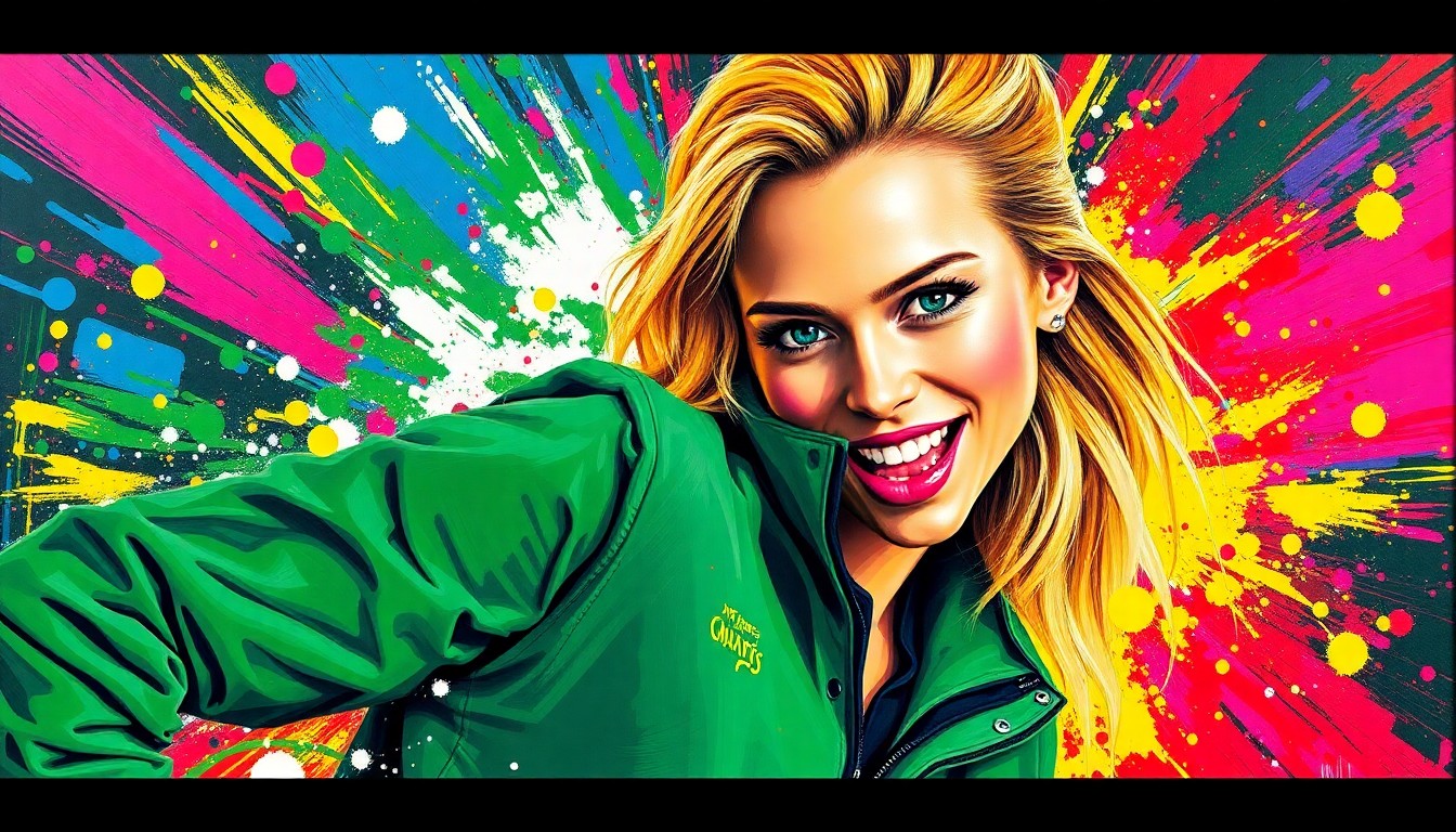 An extreme close-up of Paige Spiranac's face and the Masters green jacket, rendered in a vibrant, expressionist painting style with rapid brushstrokes and neon colors, conceptually representing the impact of her social media presence on the sport of golf.
