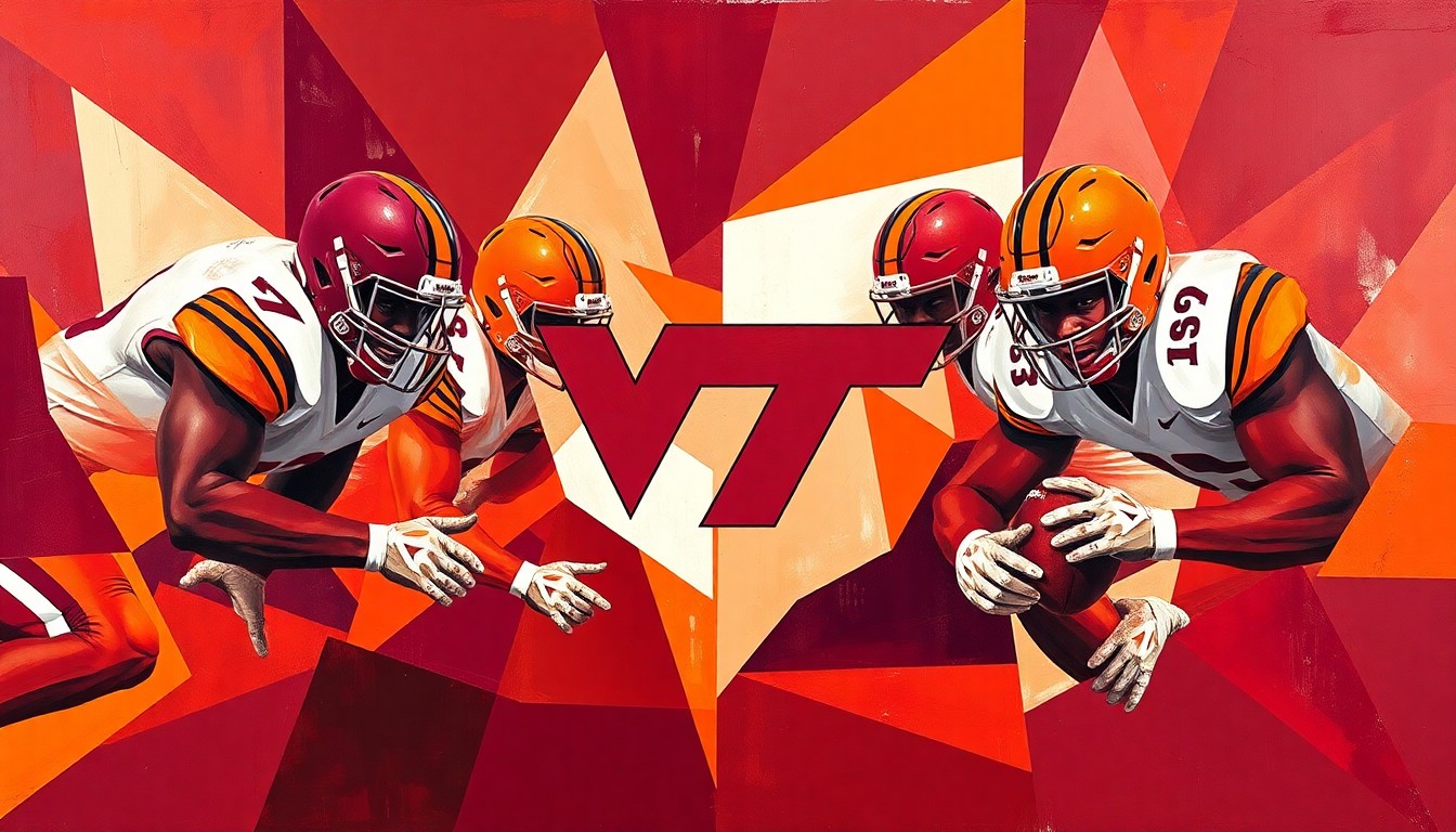 A fragmented, geometric painting depicting the Virginia Tech offensive line, with sharp planes of maroon, orange, and white representing the team's colors and the unit's renewed energy under new leadership.