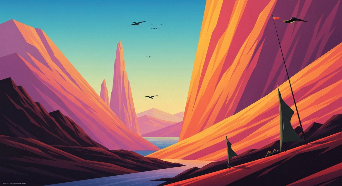 A highly stylized, geometric landscape illustration in the Art Deco style, featuring towering cliffs, cascading waterfalls, and serene pools of turquoise water, capturing the grandeur and natural beauty of Illinois' hidden swimming holes.