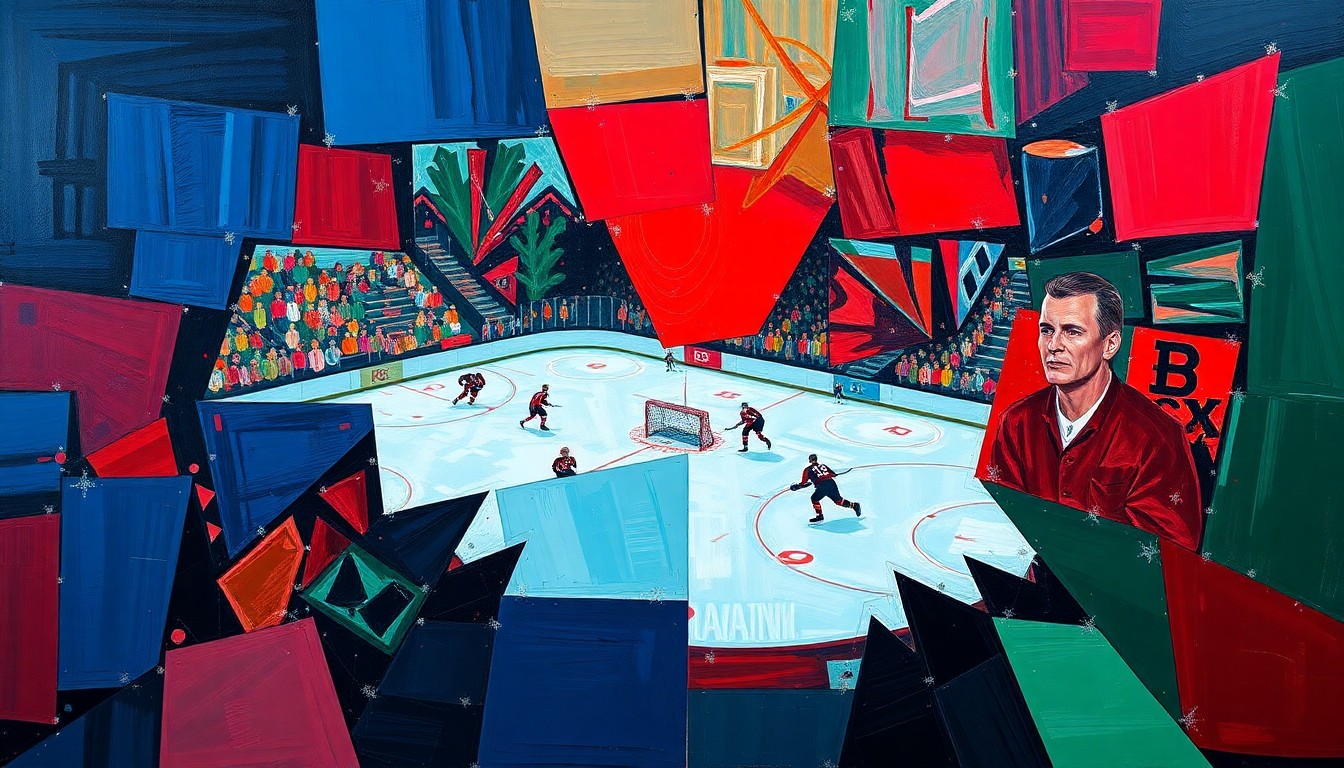 A cubist, geometric painting depicting a hockey game or match, with sharp, overlapping planes of color representing the dynamic action on the ice.