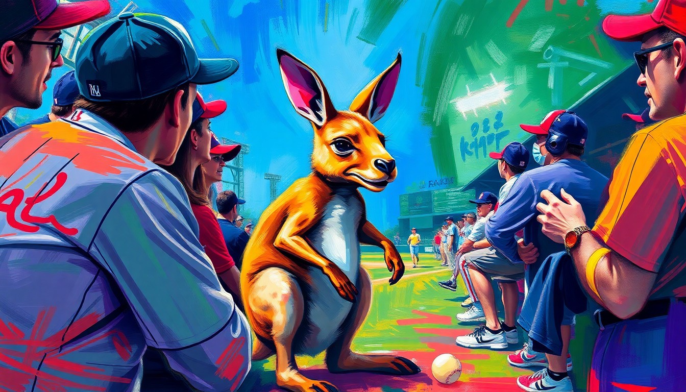 An abstract, energetic painting in neon colors depicting a baby kangaroo interacting with baseball players and fans, capturing the joyful and unexpected spirit of the event.