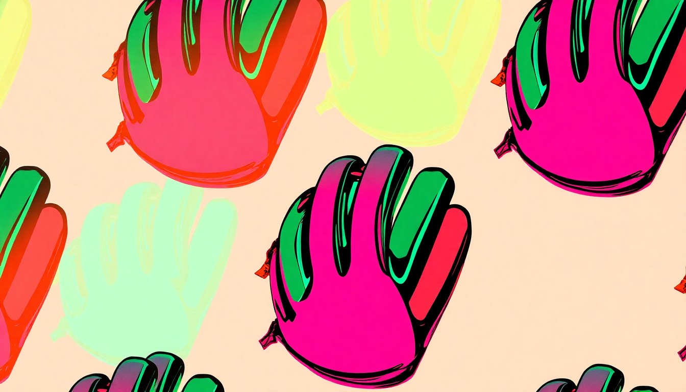 A vibrant, pop art-inspired illustration featuring a baseball glove repeated in a grid pattern, with overlapping neon colors and bold black outlines, conceptually representing the unique dating scene that has emerged at Dodger Stadium.