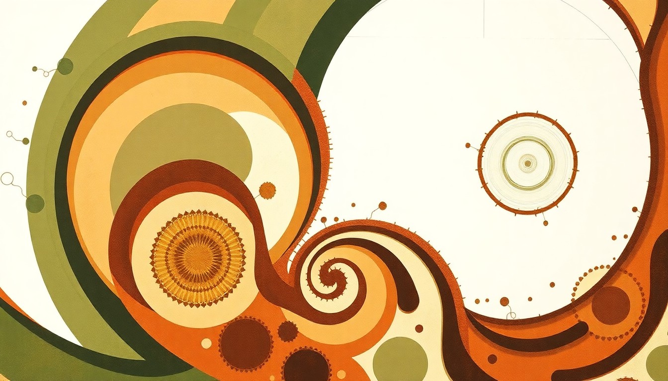 A highly structured abstract painting in soft, earthy tones featuring sweeping geometric arcs, concentric circles, and precise botanical spirals, conceptually representing the complex biological forces and molecular structures of a new compound that could protect Washington apples from fire blight and Listeria.