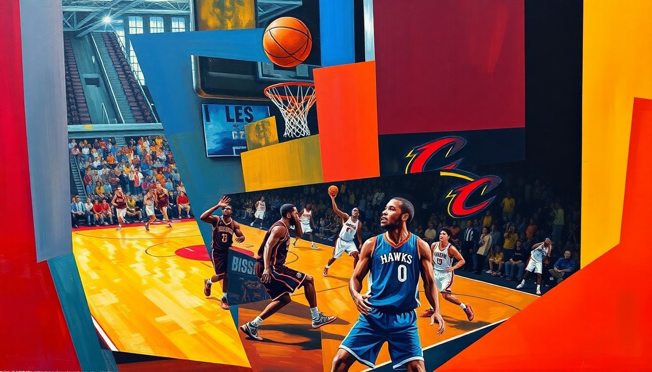 A cubist, geometric illustration depicting a basketball game, with the players and court broken down into sharp, overlapping planes of color representing the Hawks and Cavaliers uniforms.
