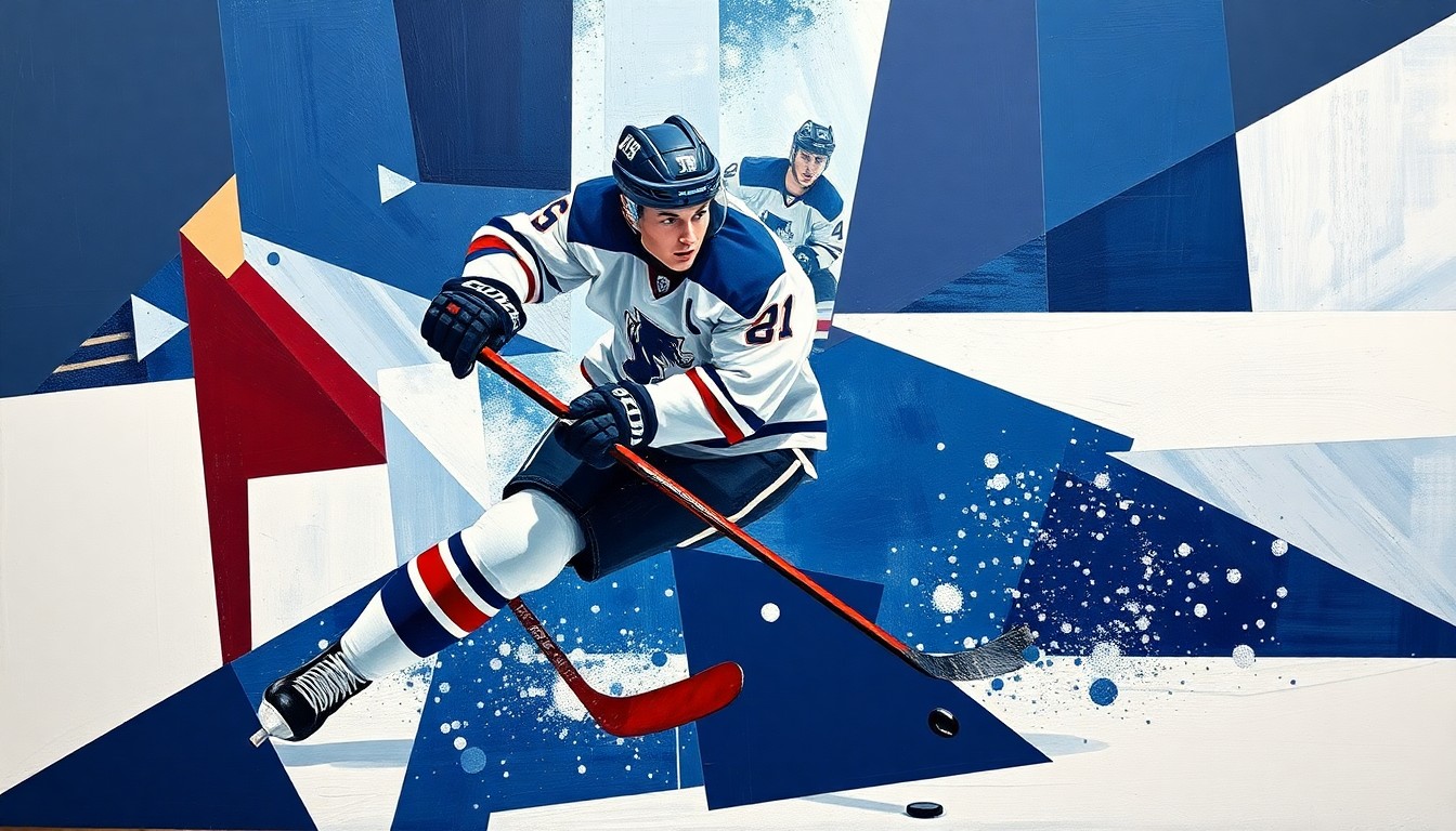 A cubist, geometric painting depicting a college hockey player in motion, with sharp planes of navy, maroon, and white overlapping to capture the dynamism of the sport.
