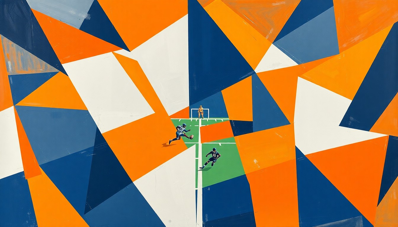 A cubist, geometric painting depicting the action and movement of a flag football game, with sharp, overlapping planes of bright colors representing the players and the field of play.