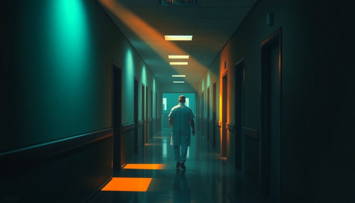 A cinematic painting of a solitary medical resident walking down a dimly lit hospital hallway, the figure bathed in warm, diagonal sunlight and deep shadows, conceptually representing the importance of graduate medical education programs in building Idaho's future healthcare workforce.