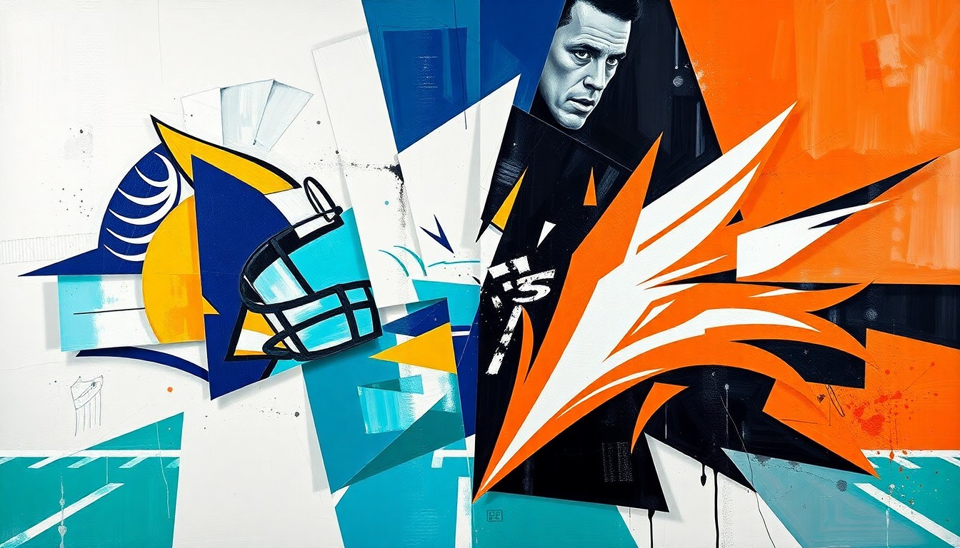 A cubist, geometric painting depicting a fragmented UFL football game, with overlapping planes of navy blue, gold, white, teal, orange, and black, conceptually representing the controversy surrounding the league's new overtime rule.