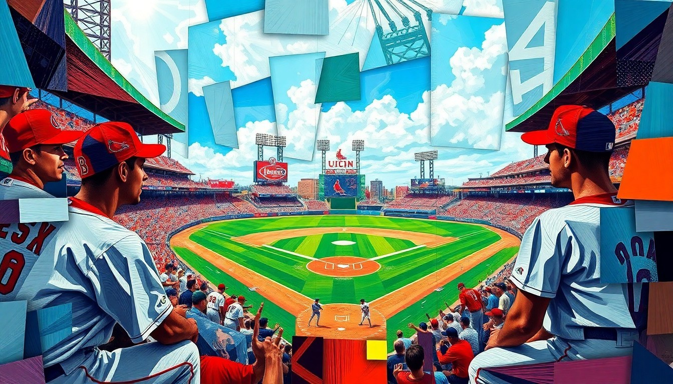 A fragmented, geometric painting in bold colors representing the action and intensity of a baseball game between the St. Louis Cardinals and Boston Red Sox.