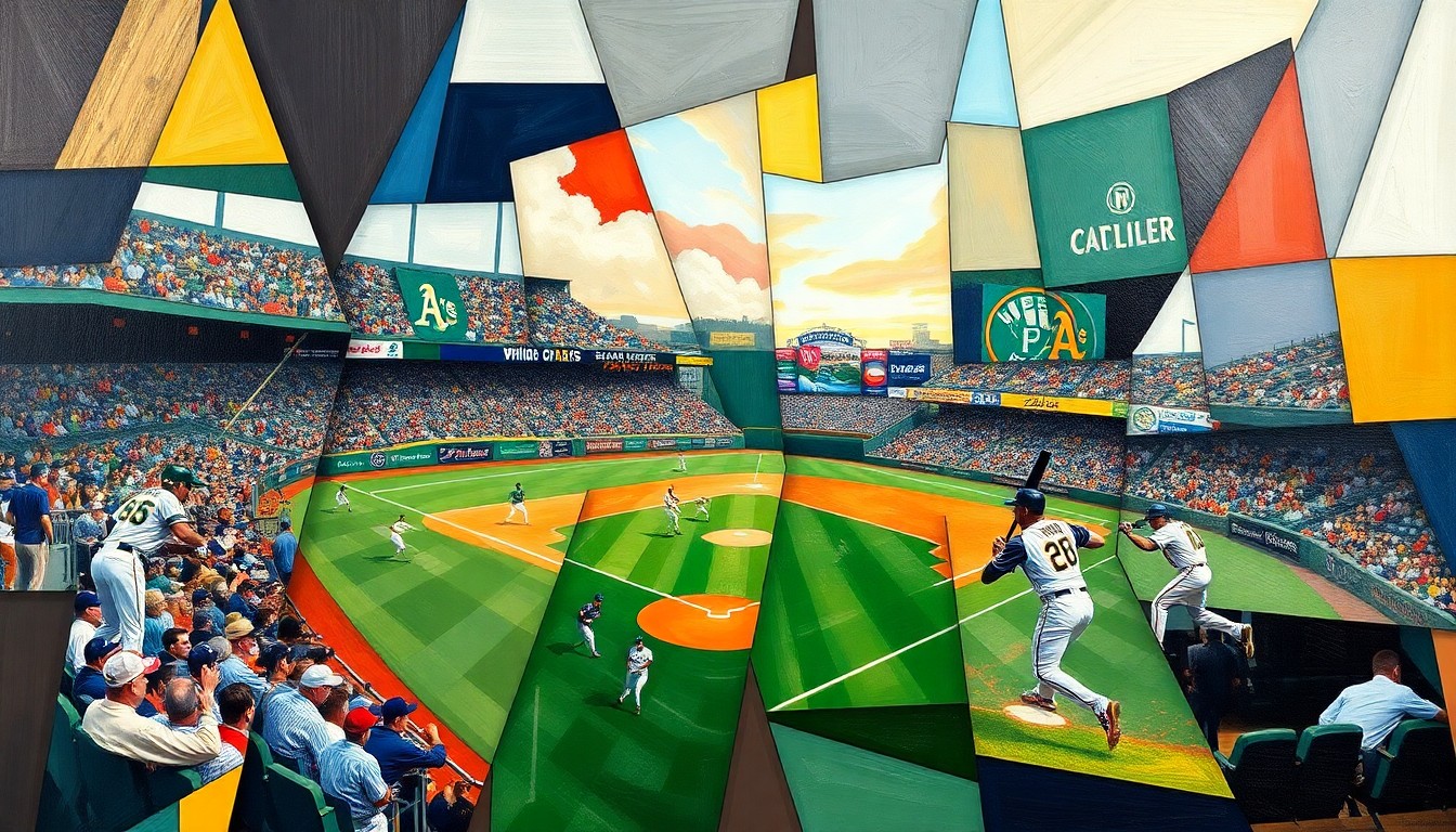 A cubist-style painting featuring overlapping geometric shapes and planes in shades of green, blue, and orange, representing the movements and action of a baseball game between two teams.