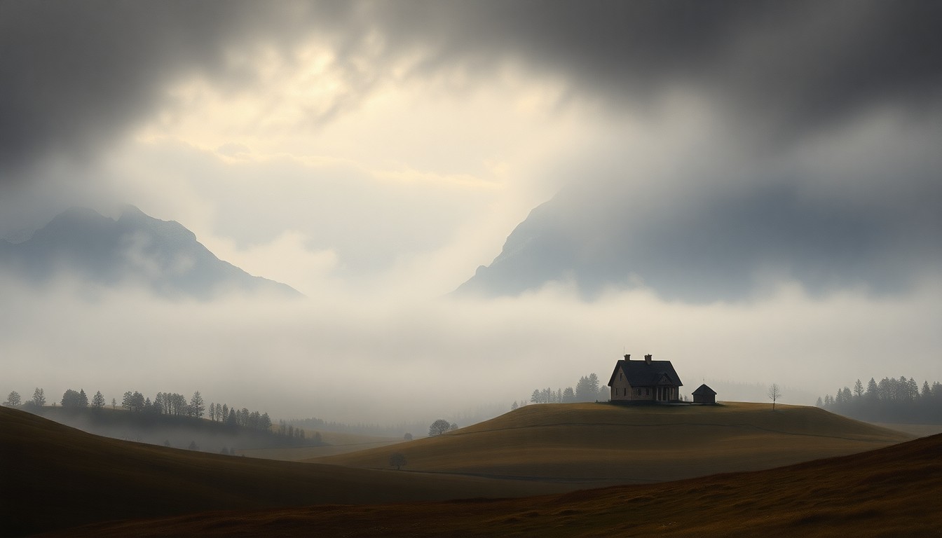 A serene, atmospheric landscape painting in muted tones, with a small, newly constructed home nestled in a fog-shrouded valley, conveying a sense of the overwhelming scale of nature and the resilience of the human spirit.
