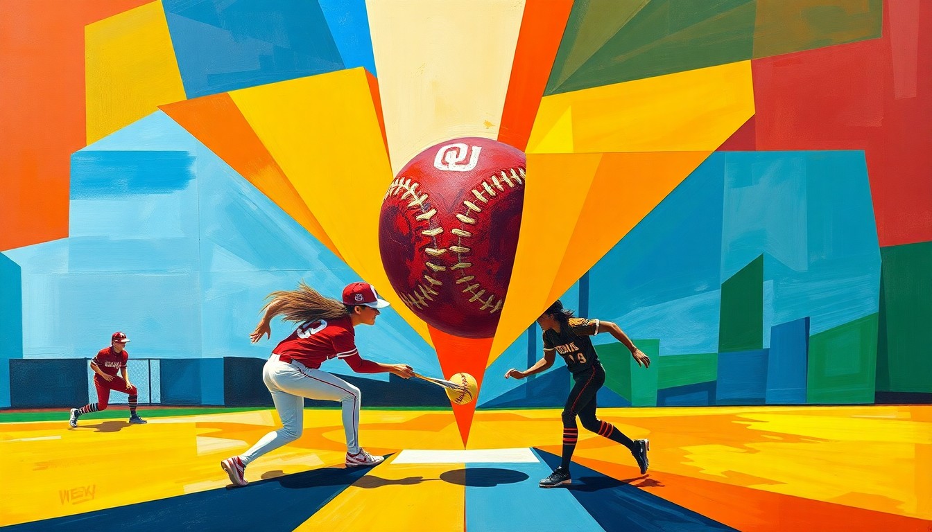 A fractured, geometric painting depicting a softball game in motion, with the players and ball broken down into abstract shapes and planes of vibrant colors.