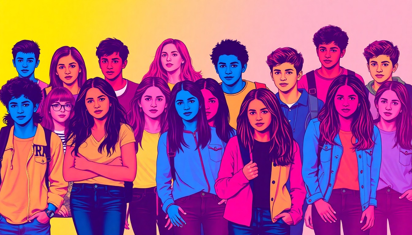 A colorful, abstract silkscreen-style illustration depicting a grid of diverse high school students in casual clothing, representing the launch of a new youth diplomacy program in Philadelphia.