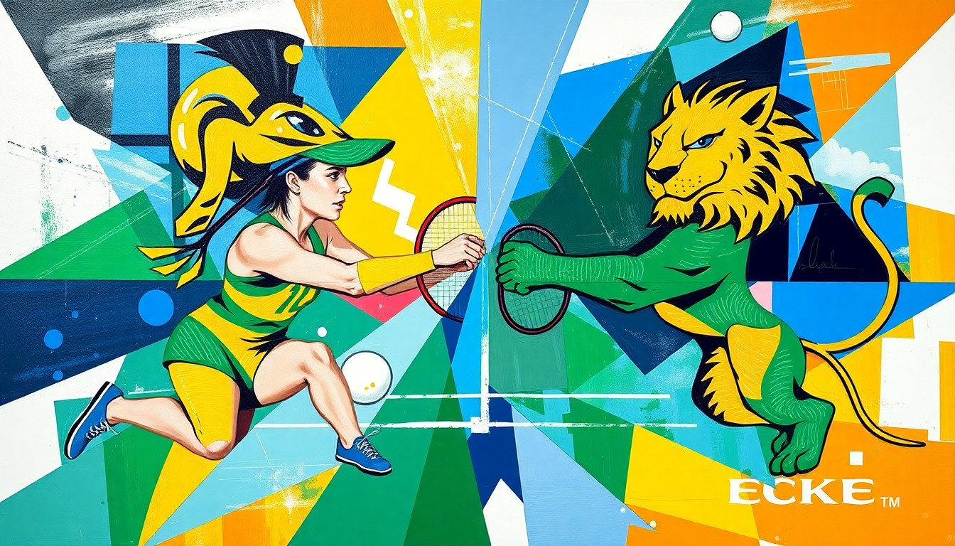 A fractured, multi-perspective painting featuring sharp, overlapping geometric planes in the colors of the Eckerd Tritons and Saint Leo Lions, conceptually representing the competitive and close nature of their women's tennis match.