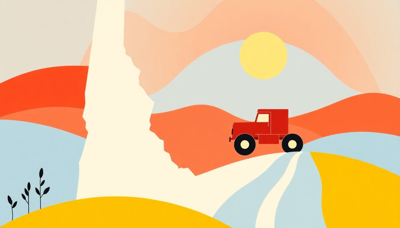 A geometric composition of overlapping triangles and rectangles in shades of blue, green, and yellow, conceptually representing the economic pressures facing Idaho farmers due to rising fertilizer and fuel prices.