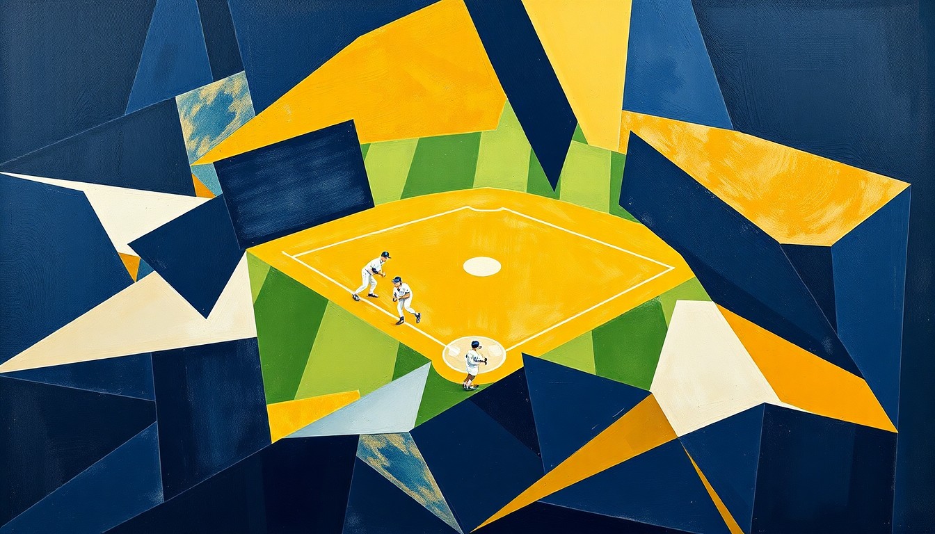 A fragmented, geometric painting in navy, gold, and white tones depicting the motion and action of a softball game, conveying the competitive spirit of the USF-FAU matchup.
