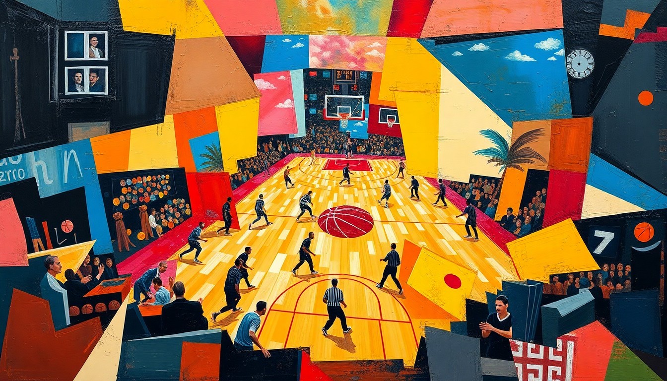 A fragmented, geometric painting depicting the dynamic movements and energy of a basketball game, with players and the court deconstructed into sharp, overlapping planes of color.