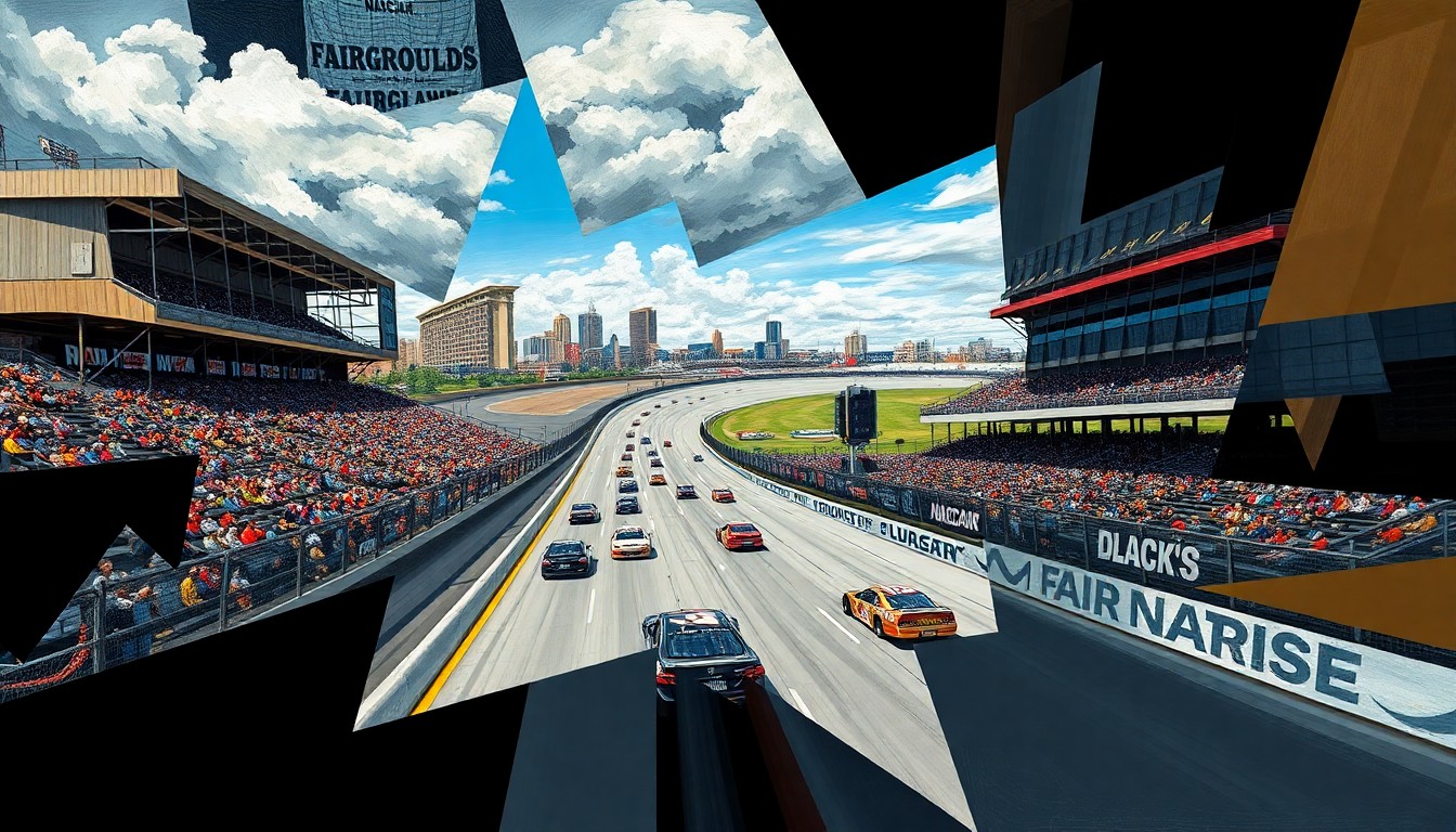 A fractured, multi-perspective painting in the style of Pablo Picasso, breaking a NASCAR race at the Nashville Fairgrounds Speedway down into sharp, overlapping geometric planes, capturing the raw energy and motion of stock cars racing on the historic short track.
