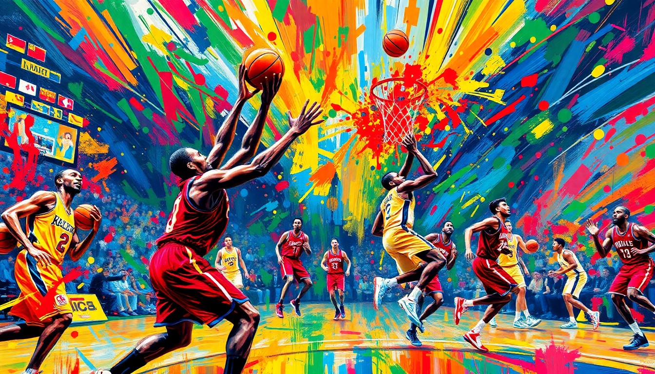 An abstract, expressionist painting featuring vibrant brushstrokes of neon green, electric blue, and fiery orange, capturing the explosive energy and movement of a high-scoring basketball game.