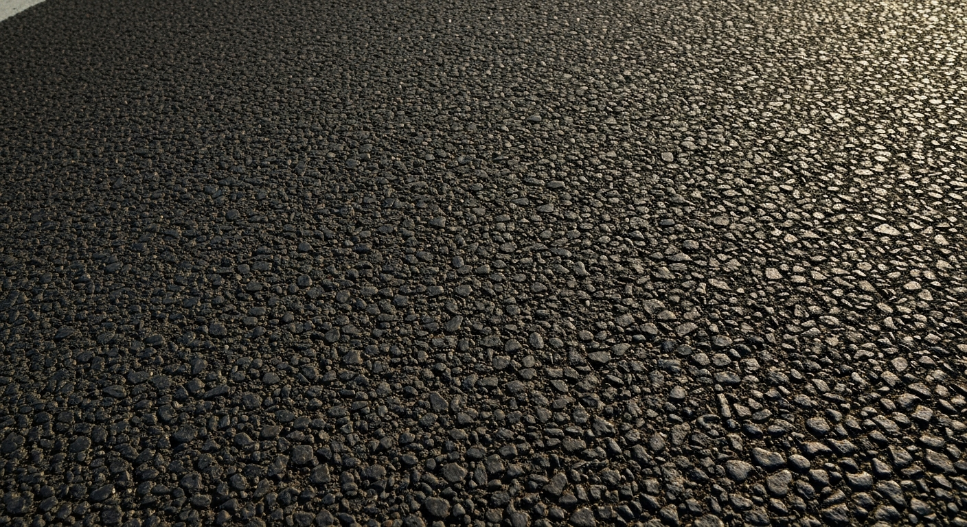 An extreme close-up photograph of the rough, pebbled texture of a highway asphalt surface, conveying the physical materials and infrastructure that make up the road system.