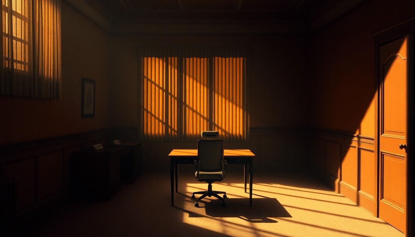 A dimly lit, cinematic painting of a solitary political office space, with a lone desk and chair bathed in warm, diagonal sunlight and deep shadows, conceptually representing the challenges facing the Democratic Party in the wake of the Swalwell allegations.