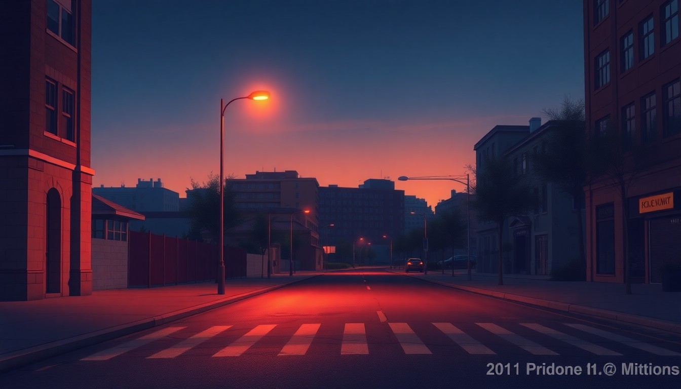 A quiet, cinematic painting of an empty city street at dusk, with a lone streetlight casting warm, diagonal shadows on the pavement, conceptually representing the tensions and divisions at the heart of this defamation case.