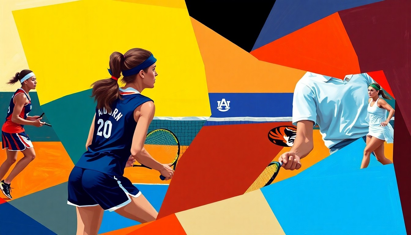 A cubist, geometric painting depicting a women's tennis match between Auburn and Missouri, with sharp, overlapping planes of color representing the players, court, and action on the court.