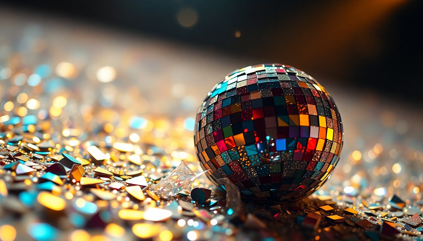 An extreme close-up photograph of shimmering, high-contrast sequins and shattered glass, capturing the luxurious textures and dramatic lighting of a music festival performance stage.