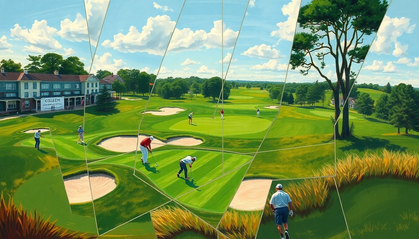 A cubist, geometric painting depicting a college golf tournament, with overlapping planes of green fairways, sand traps, and golfers in motion, conveying the dynamic energy of the sport.