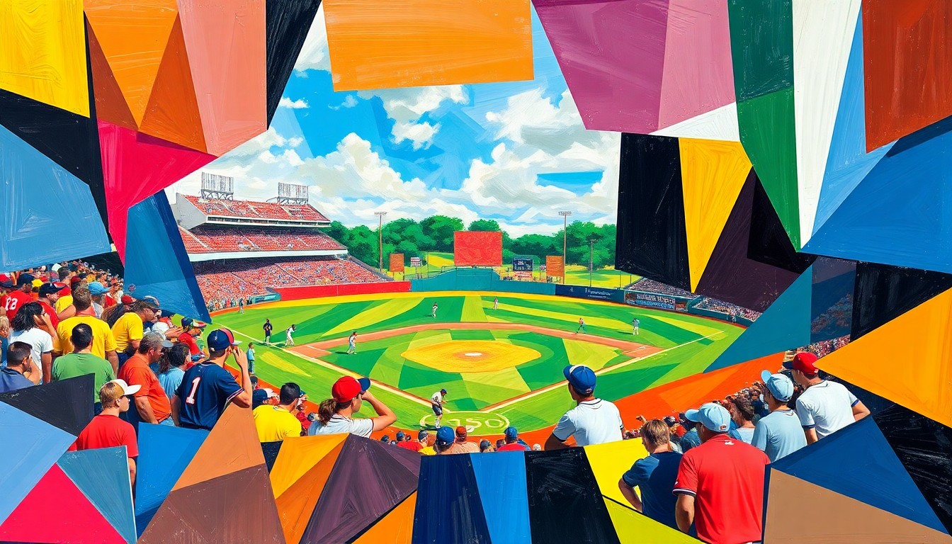 A fragmented, geometric painting depicting the dynamic movements and energy of a high school sports competition, with sharp planes of color representing the teams' uniforms and the ball or players in motion.