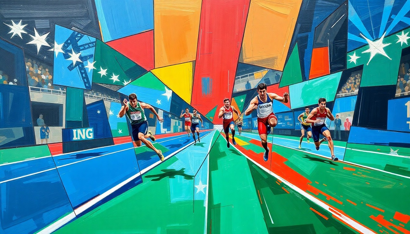 A cubist, geometric painting depicting a track and field competition, with overlapping planes of vibrant colors representing the dynamic movements and energy of the athletes.