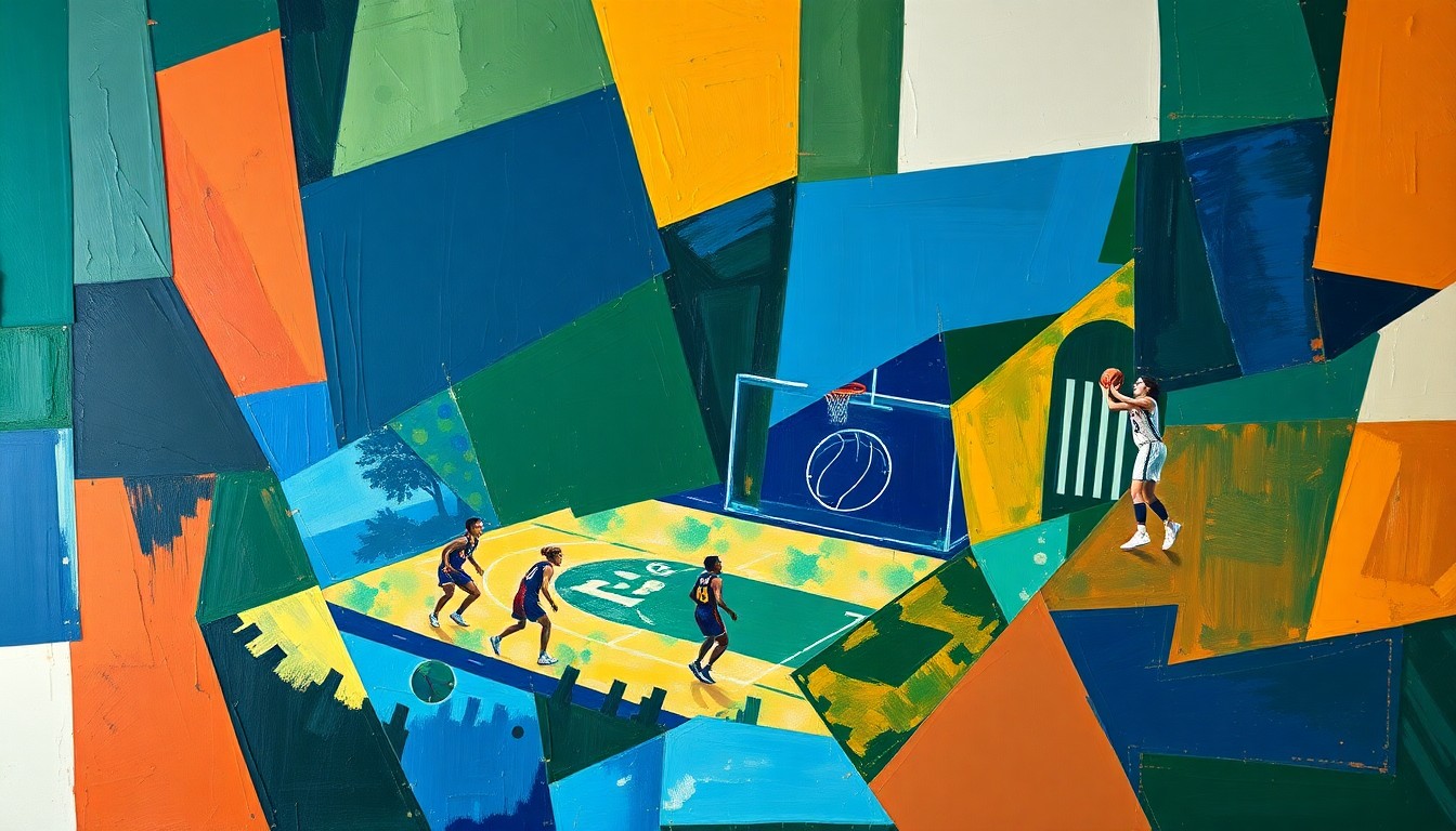 A cubist-style painting featuring fragmented, overlapping geometric shapes in shades of blue, green, and orange, conceptually representing the dynamic action of a women's basketball game.
