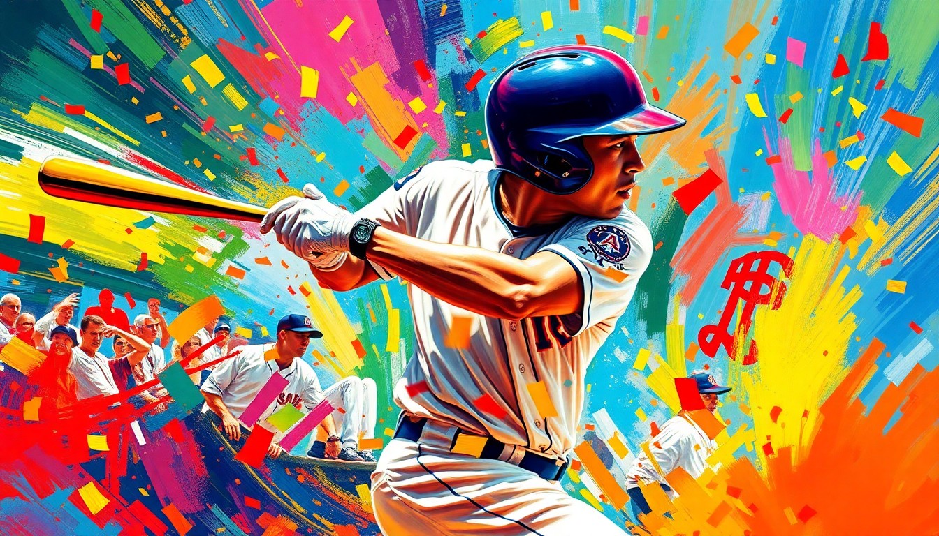 An expressionist painting in vibrant neon colors depicting the moment Ichiro Suzuki's statue unveiling was disrupted by a snapping bronze bat, with confetti and energy swirling around the iconic player.