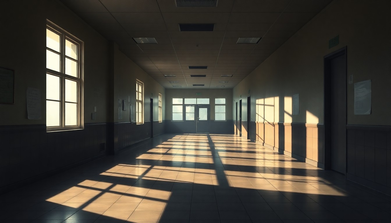 A quiet, cinematic painting of an empty school hallway bathed in warm, diagonal sunlight and deep shadows, conceptually illustrating the solitude and contemplation surrounding the Chicago Board of Education’s decision to deny students additional academic support.