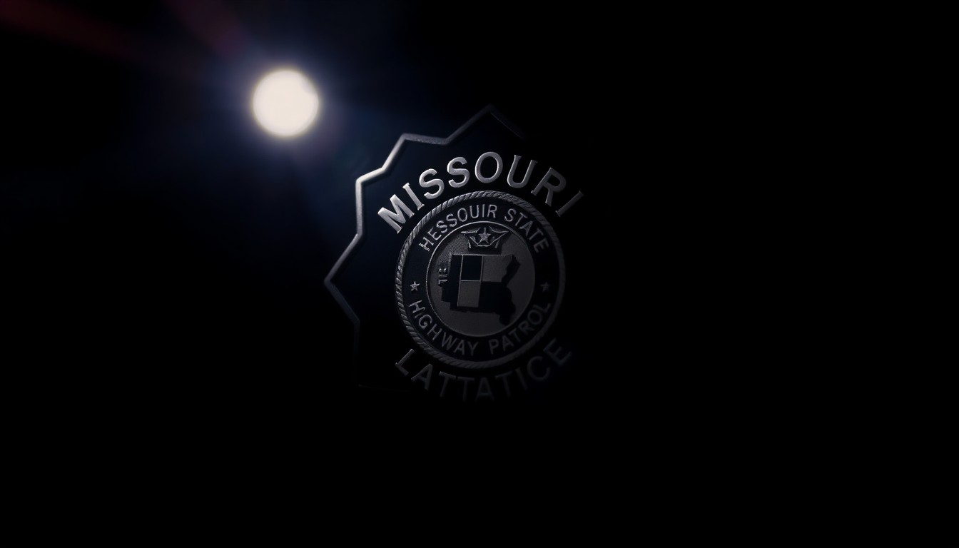 An extreme close-up photograph of a Missouri State Highway Patrol badge or insignia, dramatically lit by a harsh camera flash against a pitch-black background, conveying a stark, gritty, investigative aesthetic.