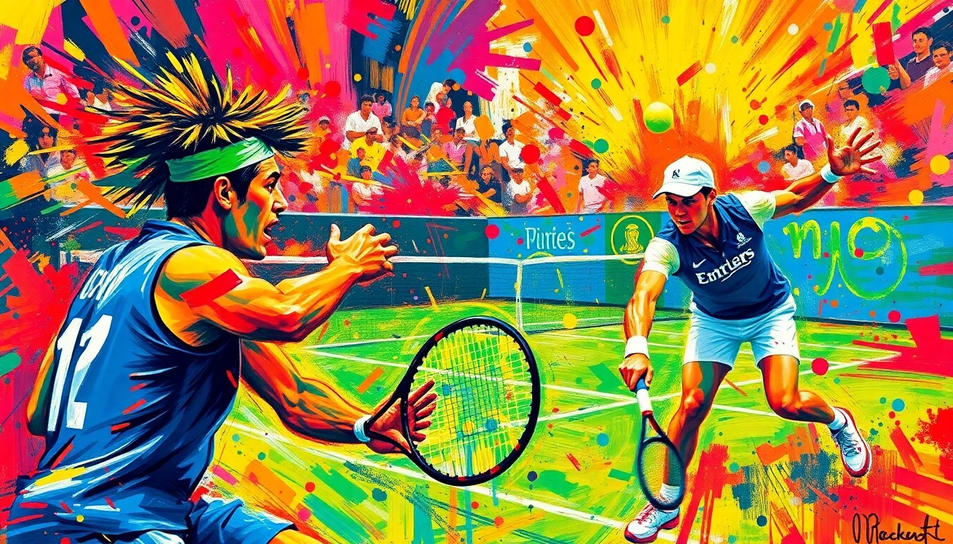 An abstract, expressionist painting in neon colors depicting the dynamic motion and energy of a tennis match, with players' forms and the court dissolving into vibrant, gestural brushstrokes.