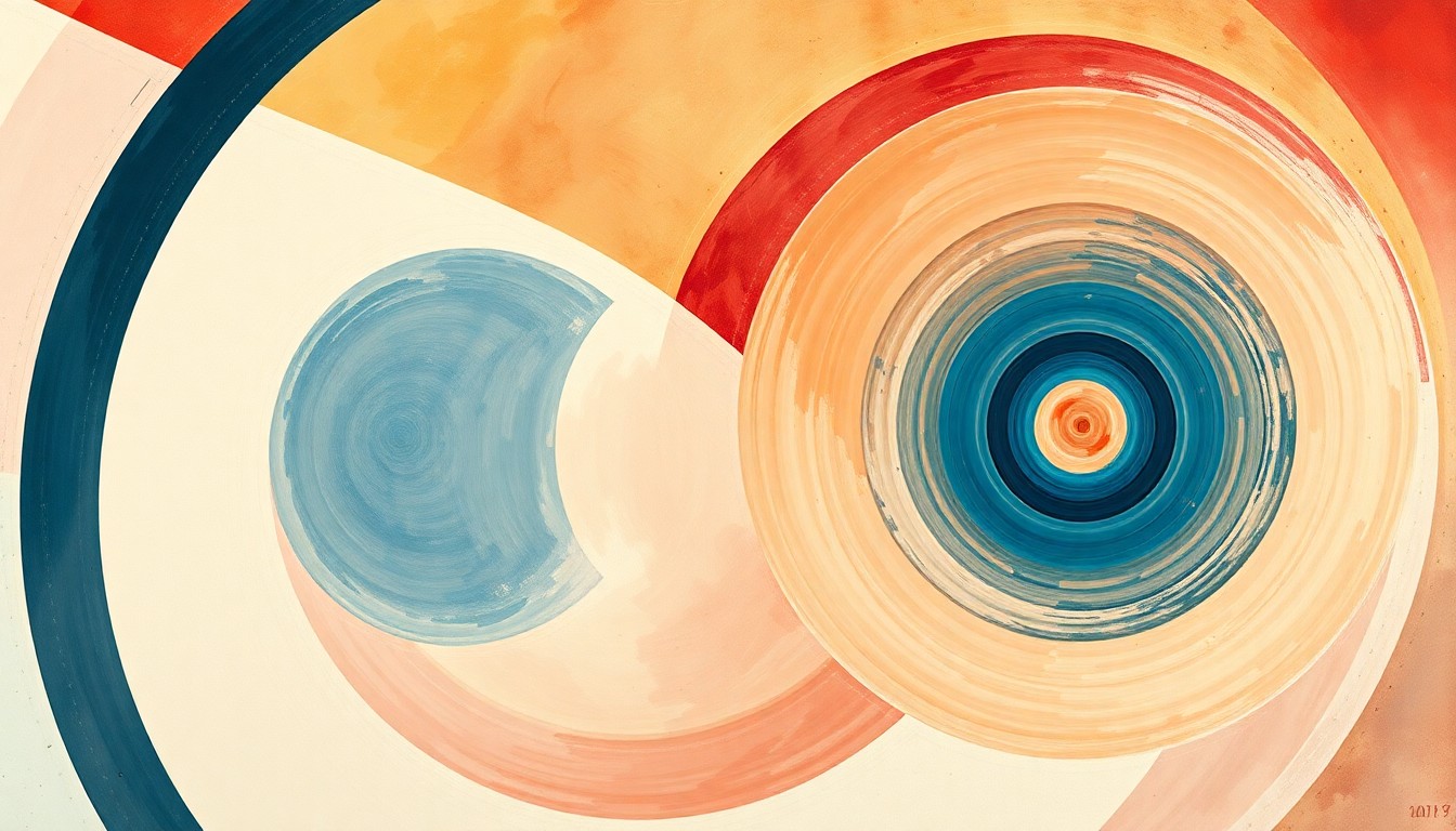 A bold, abstract painting featuring sweeping geometric arcs, concentric circles, and precise spirals in soft, flat colors against a clean background, conveying the structural order and complex forces of space exploration without using any text or symbols.