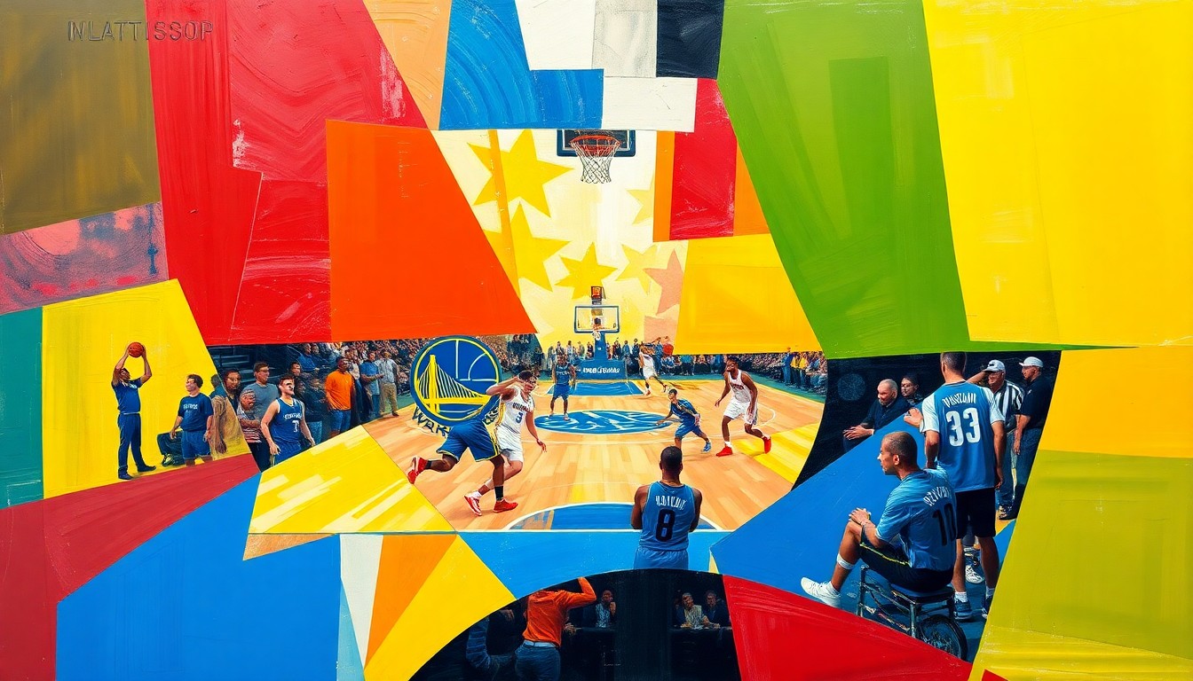 A fractured, multi-perspective painting in the style of Pablo Picasso, breaking down a basketball game between the Golden State Warriors and Dallas Mavericks into sharp, overlapping geometric planes of vibrant colors representing the teams' uniforms and the court, creating a dynamic, energetic composition.