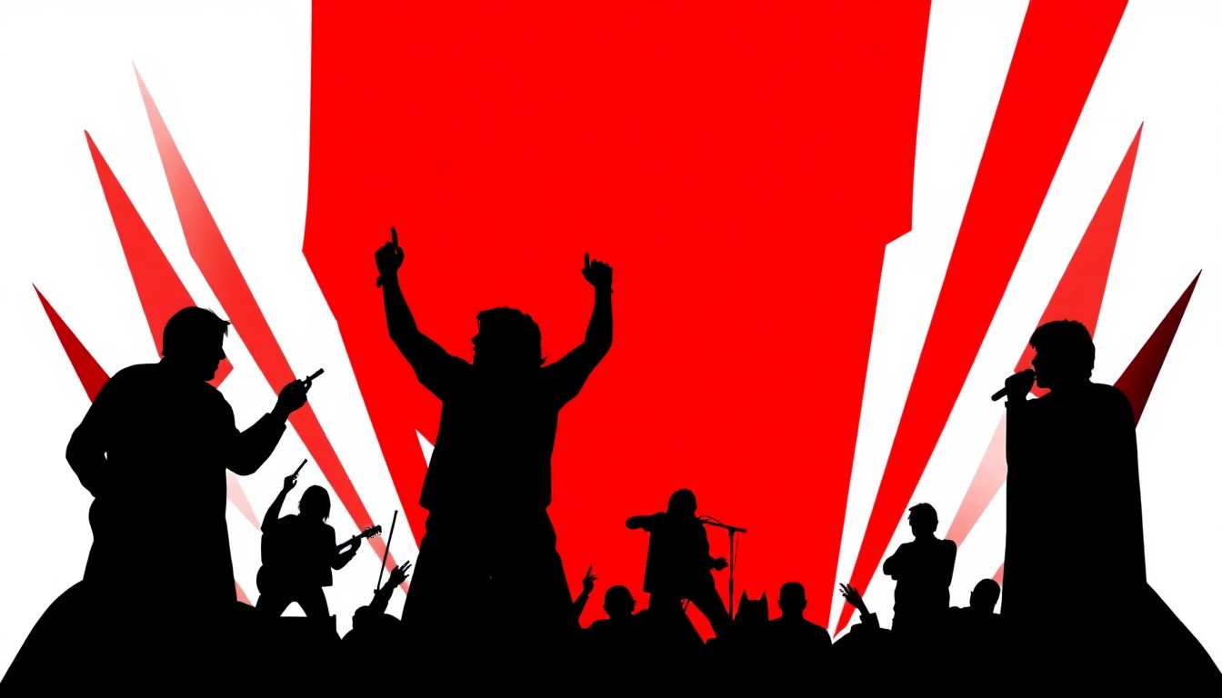 An abstract, minimalist illustration featuring bold, jagged shapes in high-contrast black and red, capturing the intensity and energy of a hardcore music tour without any literal depictions.