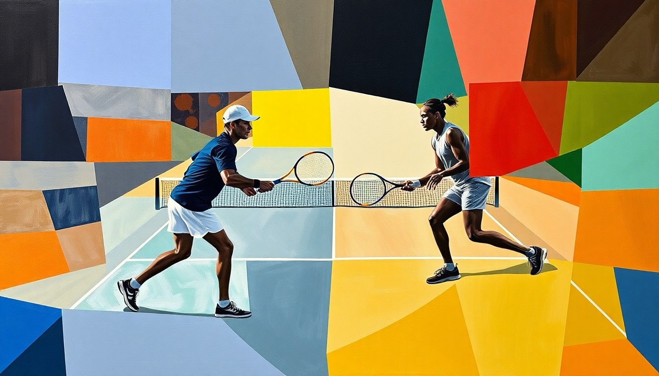 A fractured, multi-perspective painting depicting a tennis match, with the players' forms and the court reduced to sharp, overlapping geometric shapes and planes in a cubist style, capturing the disruption and tension of the unusual delay.