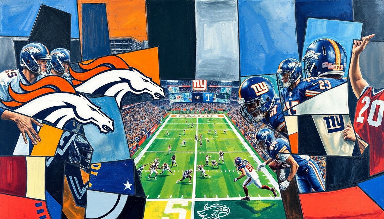 A cubist, fragmented painting depicting a football game, with sharp geometric shapes and planes representing the players and action on the field.