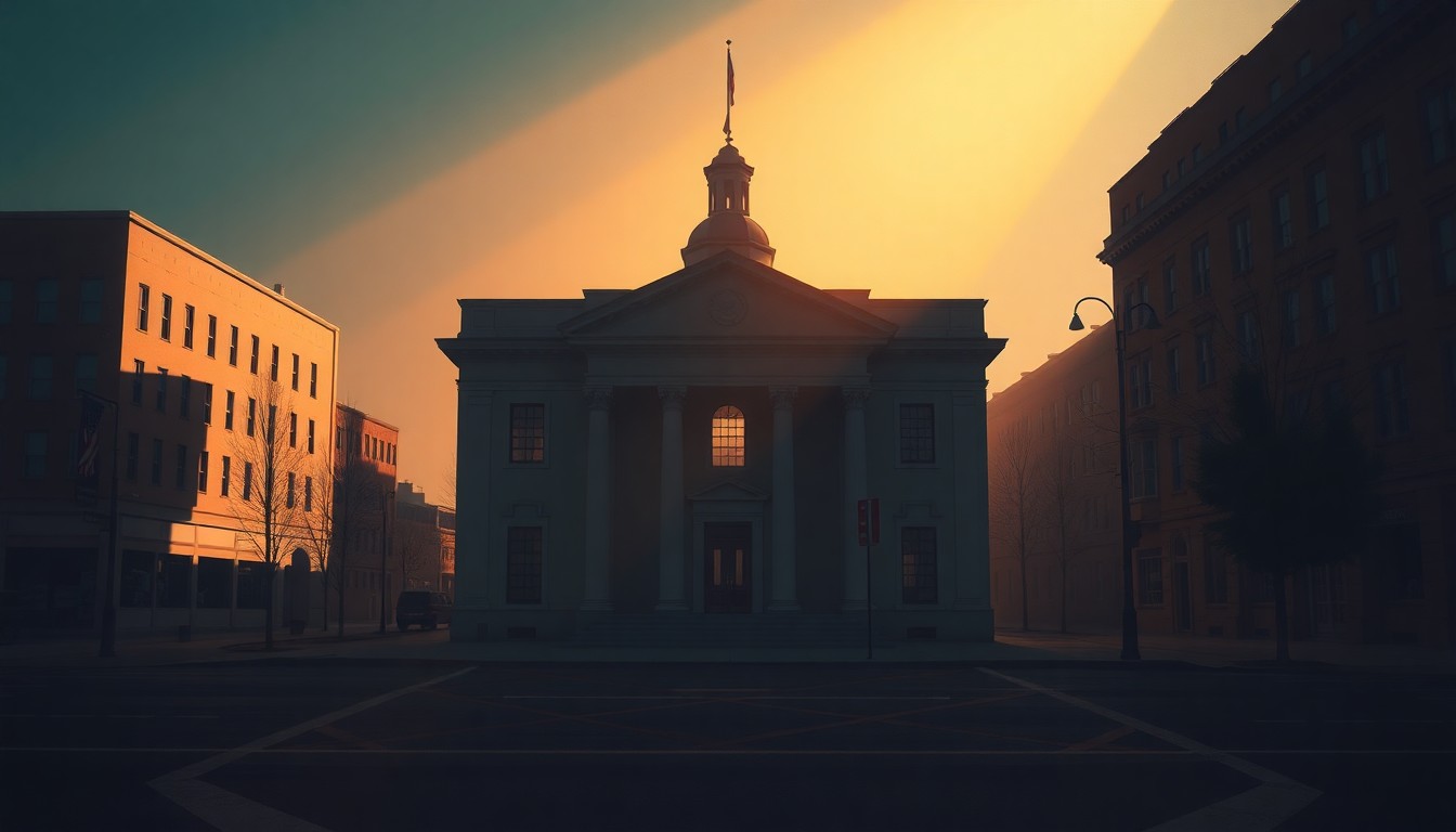 A serene, photorealistic painting of a city hall building in warm, golden light, conveying a sense of civic pride and community engagement.