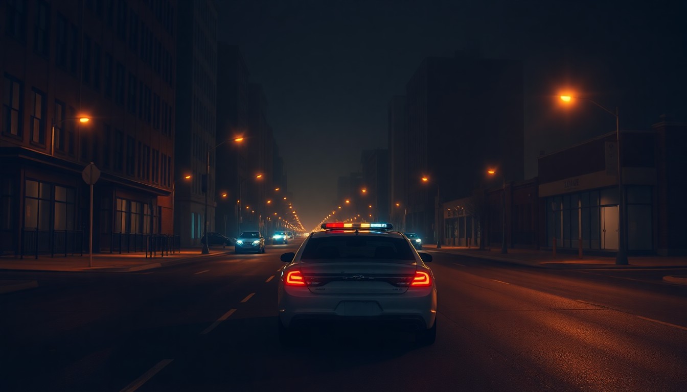 A cinematic, moody painting of a deserted city street at night, with a single parked police car in the foreground bathed in warm, diagonal light and deep shadows, conceptually representing the tension between federal and local authority over protests.